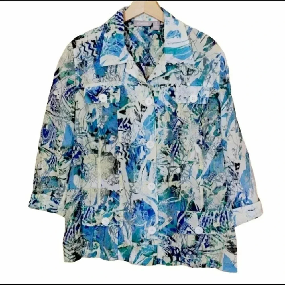 Chico's Button Down Shirt Jacket Size 3 Blue Abstract Print‎ 3/4 Sleeve Cotton